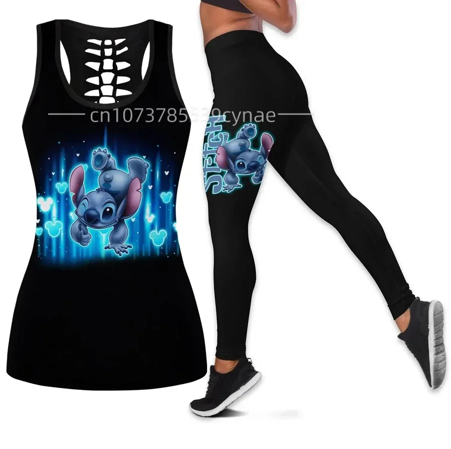 2024 Disney Stitch Women\'s Book Hollow Tank Top+Women\'s Leggings Yoga Fitness Leggings Sports Suit Disney Tank Top Leggings Suit