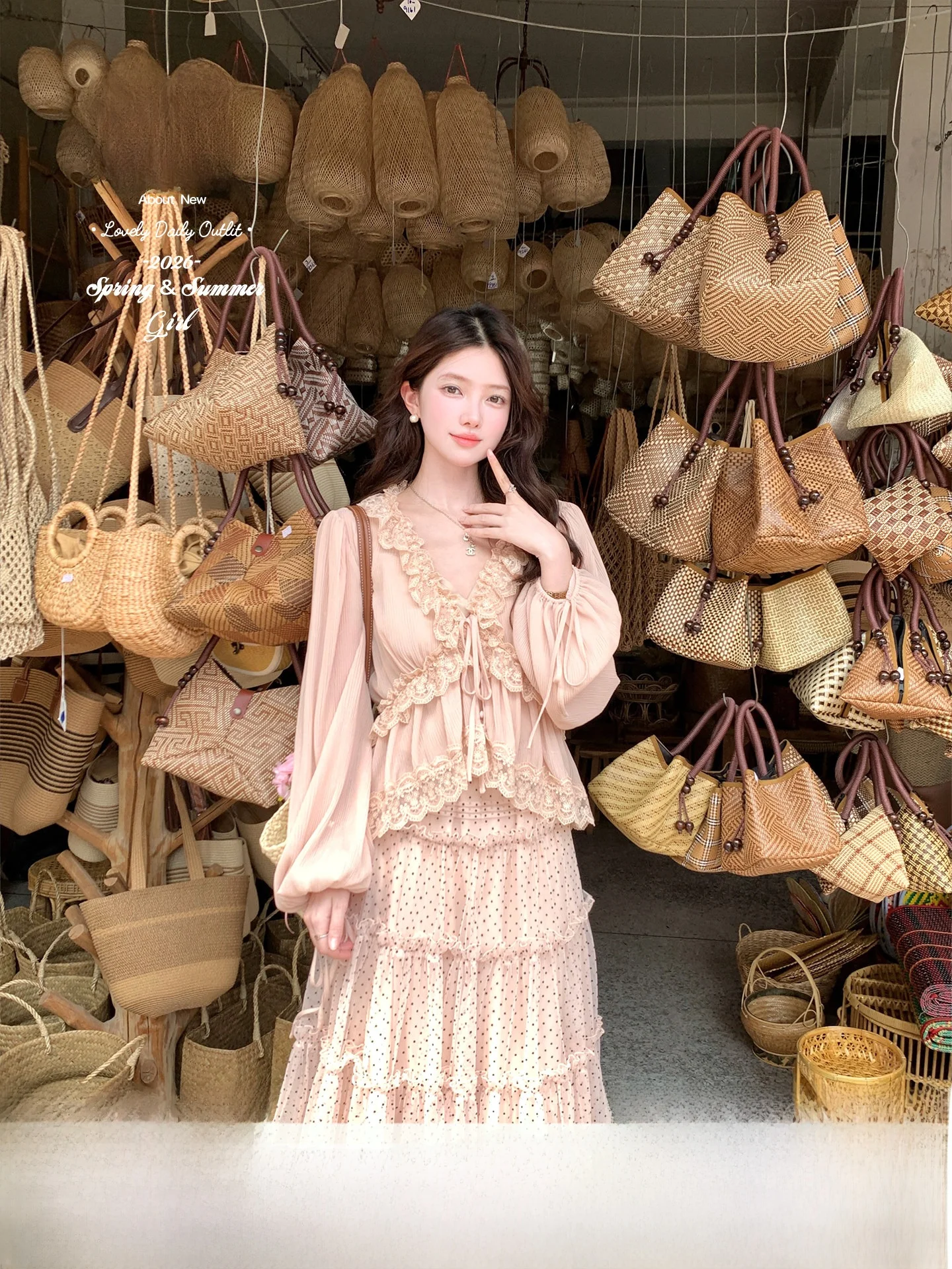 

Summer Set Women's High Waist V-Neck Lace Top with Bow Tie Floral Trim Acaine Rose Pink Fog Skirt Elegant Style Long Sleeve