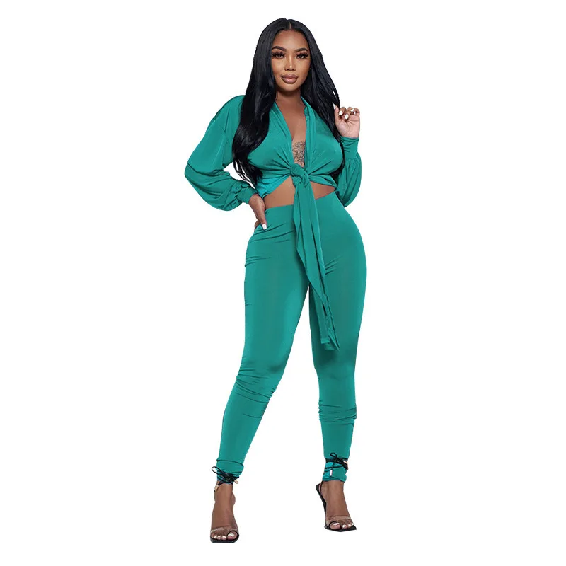 

Summer New Early Autumn Set Solid Color Cardigan Tied Long Sleeve Women's Fashion Casual Tight Pants Two-piece Sexy Women's Suit