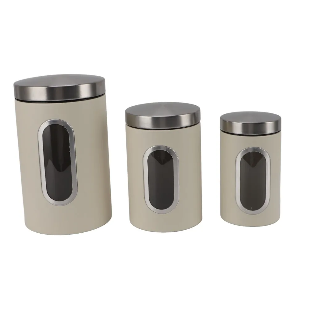 3PCS Clear Iron Kitchen Canisters Set s/m/l Beige/Black Coffee Canister Set Airtight Container Set Bar Storage