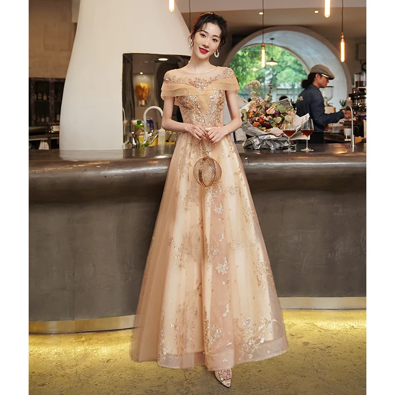 2022 Champagne Evening Dress Gown Maxi Dress Chesongsams Off Shoulder Appliques Banquet Gown Women Vestidos Robe De Soiree