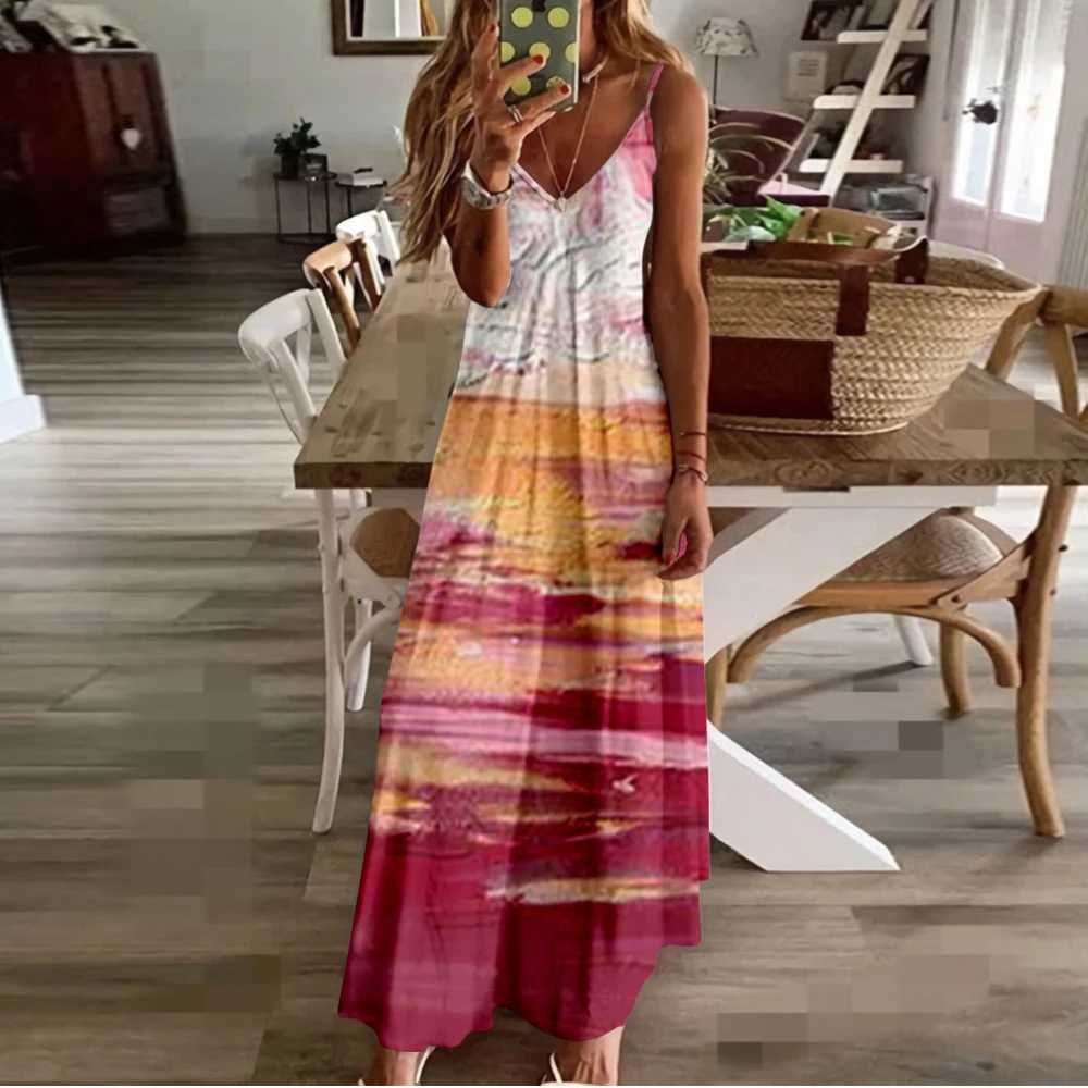 Spring Summer Women V-Neck Painting Printed Sexy Beach Long Maxi Dress Split Sleeveless Clothing Holiday Vestido