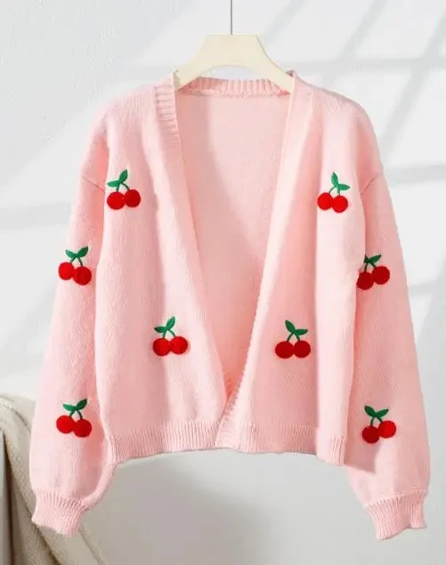 

Womens Casual Knit Autumn New Cherry Embroidered Women's Sweater Cardigan Fashion and Elegant Long Sleeve Knitted Sweater