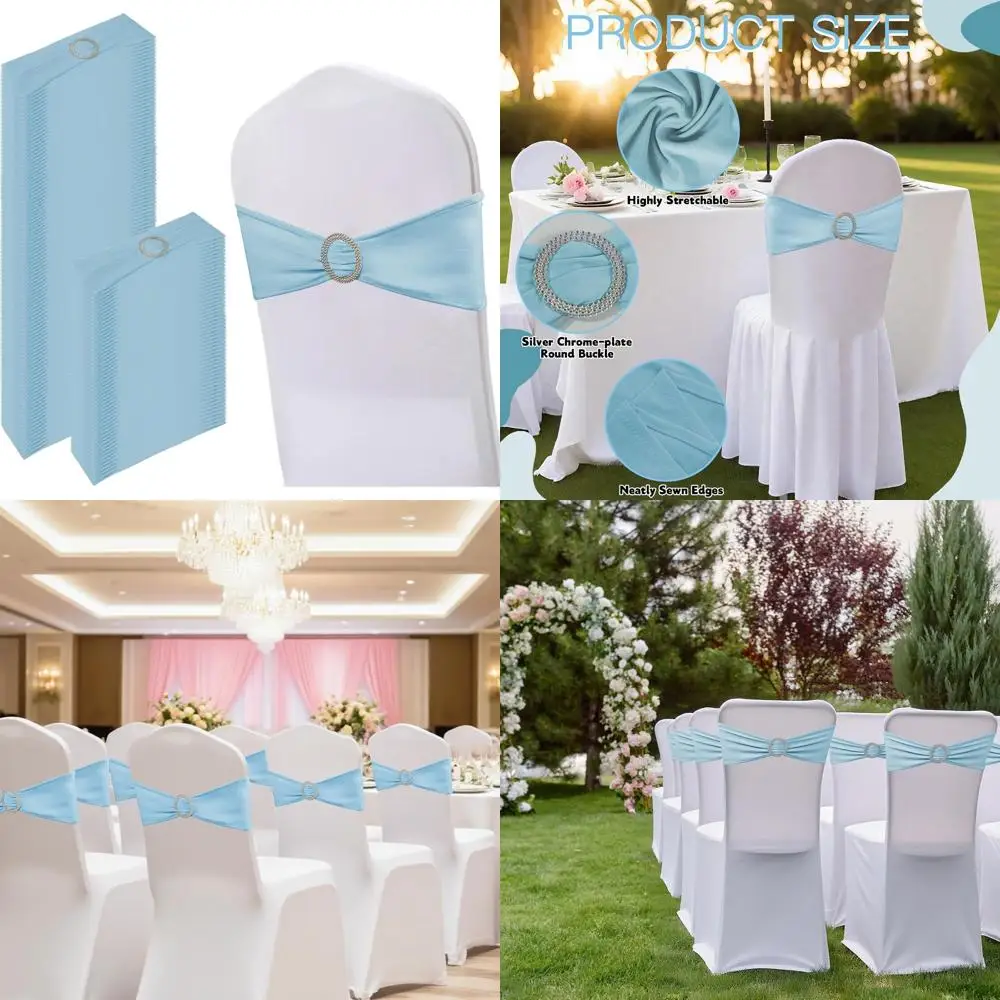 

Sky Blue Spandex Chair Sashes with Buckle Sliders, 150 Pack, for Wedding and Party Banquet Decorations