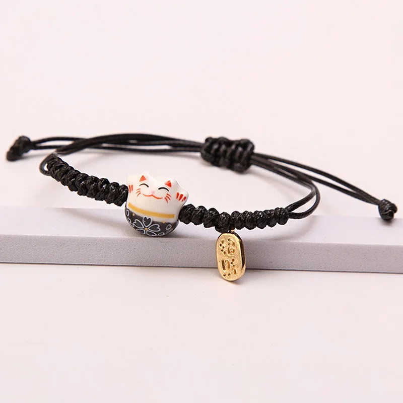 Simples Cerâmica Gato Sorte Pulseira Trançada para Mulheres, Gatinho Animal Bonito, Pulseiras Ajustáveis Tecidas à Mão, Jóias para Festa Harajuku, Presente