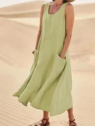 Women's Beach Dress 12 Colors Cotton and Linen Sleeveless Pocket Loose O-Neck Simple Fashion Midi-Length Skirt for Women