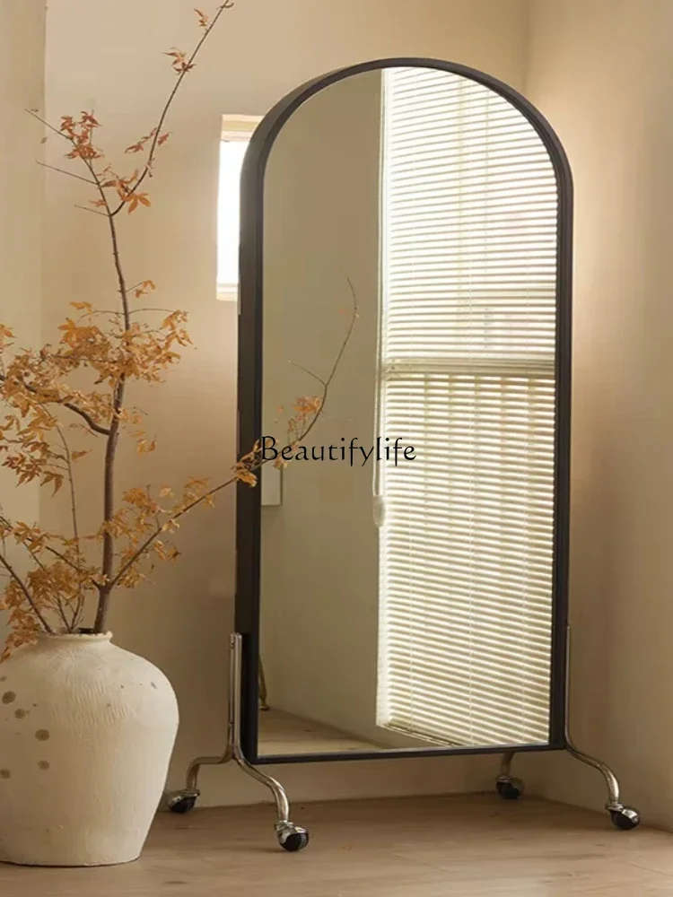 02*Solid wood dressing full body floor mirror household fitting mirror movable with magazine rack