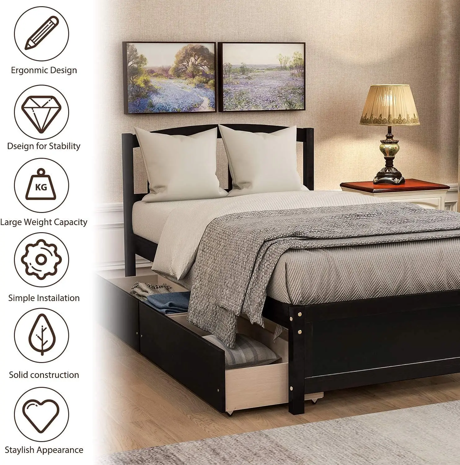 Twin Storage Bed Frame, Wood Platform Bed With Two Drawers And Headboard, Espresso