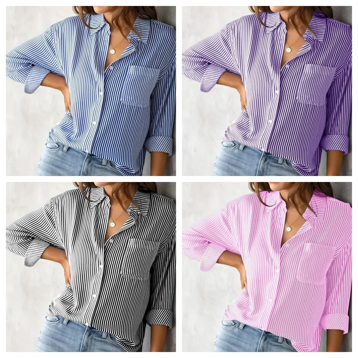 2023 Autumn New Top Loose Casual Long-sleeved Stripes Shirt with Pocket Women