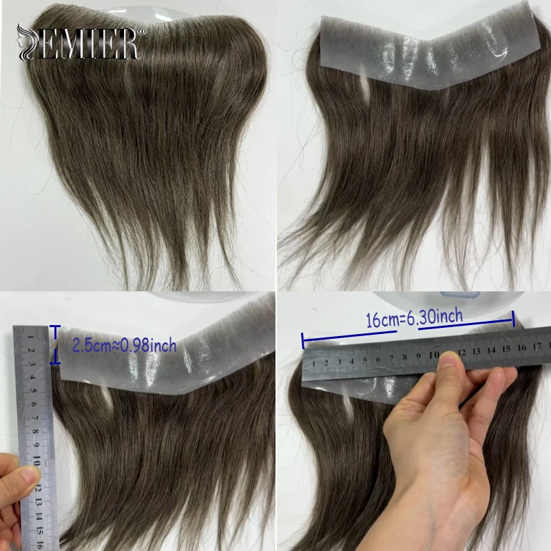 Men's Forehead Hairline Straight V-shape Toupee Thin PU Base Human Hair Replacement System Unit 2.5x16cm Men's Toppers Hairpiece