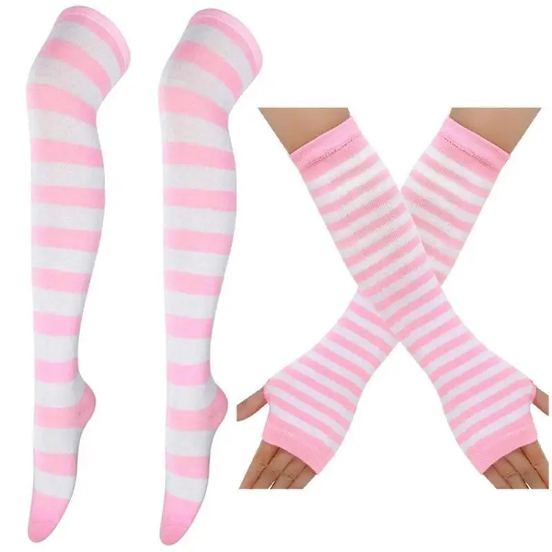 39BD Popular Stripe Arm Sleeves Stockings Set for Adult Fingerless Long Gloves Cosplay Costume Accessories Carnivals Props