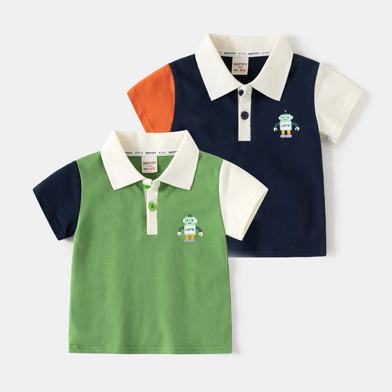 Children's short sleeved T-shirt 2025 summer Korean version children's clothing boys' color blocked sleeves short sleeved polo s