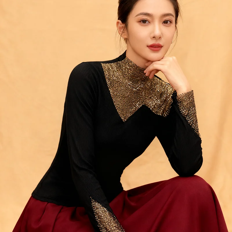 MadBlack-Mulher Europeia Escovada Camiseta, Sexy Mock Neck Diamond, Streetwear Manga Longa Slim S-3XL Tee, 2025 Inverno Novo T5D243CC