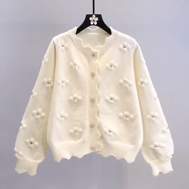 3D Embroidered Flower Sweater Jacket Women's Preppy Style Knitted Cardigan Reducing Age Sweater Jacket Spring 2024 New Arrival