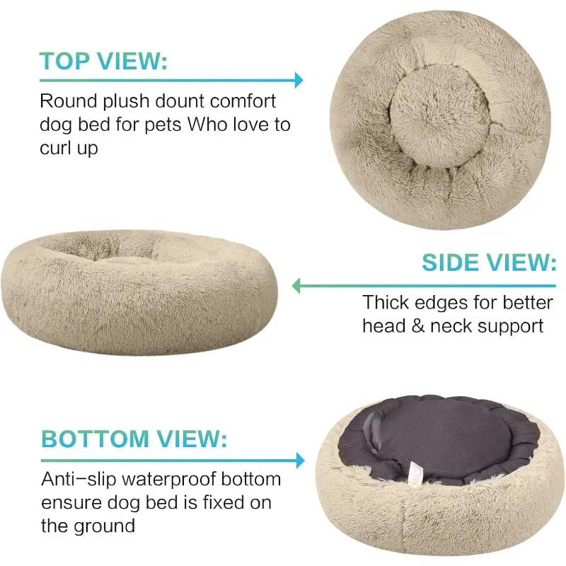 Plush Calming Dog Beds, Donut Dog Bed for Small Dogs, Medium, Large & X-Large, Comfy Cuddler Dog Bed and Cat Bed in Faux Fur