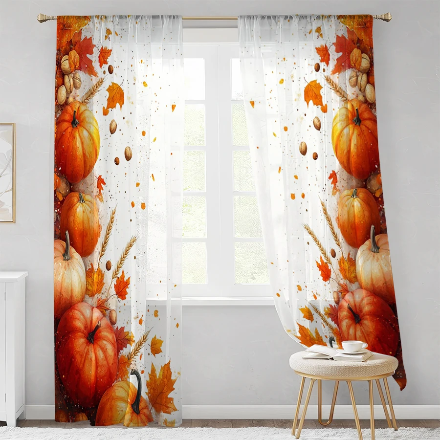 2PCS Digital Print Sheer Curtain, Fall Harvest Pumpkin Wheat Border Autumn Window Drapes for Living Room Bedroom Home Decor