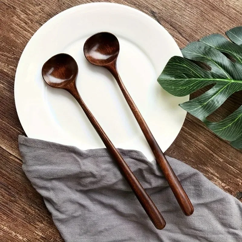 Long Handle Spoon Natural Wooden Glutinous Rice Ball Spoon Dessert Porridge Tea Coffee Spoon Wooden Kitchen Cooking Tool