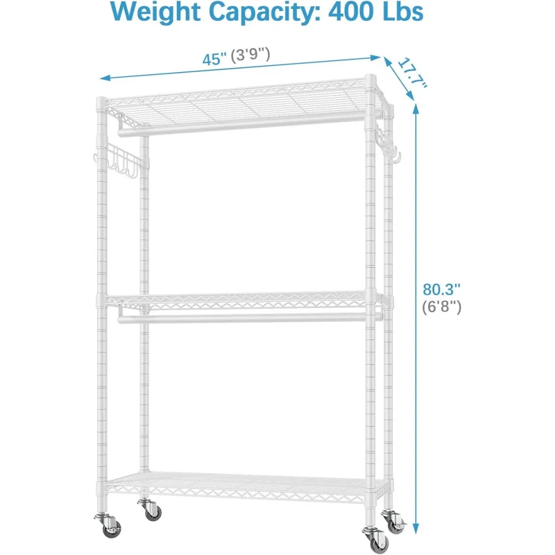 R2 Plus Rolling Garment Rack 3 Tiers Adjustable Wire Shelving Clothes Rack with Wheels, Freestanding Wardrobe Storage Rack Heavy