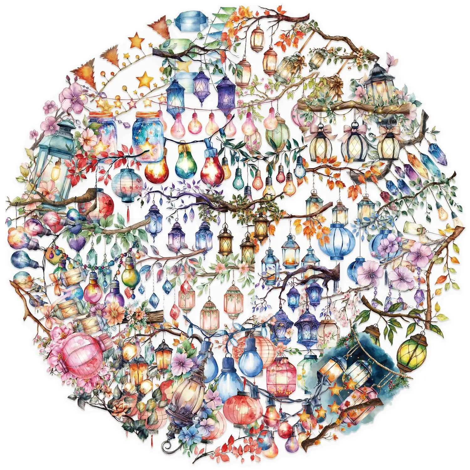 50pcs Vintage Lantern Stickers, Watercolor String Lights & Fairy Lamp PET Decals, Retro Aesthetic Waterproof Stickers for Journa