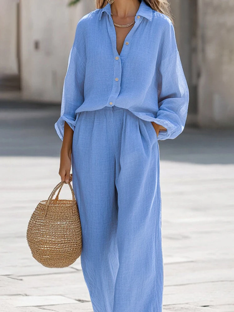 Conjuntos elegantes de lino y algodón para mujer, conjunto de ropa deportiva holgada de Color sólido, camisas informales de manga larga con solapa y pantalones de pierna ancha, novedad de otoño