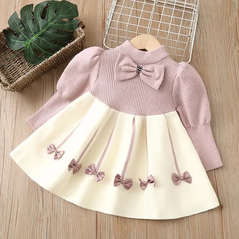 2-6Y Autumn Winter New Girls' Sweater Dress Puffy Long Sleeve Wool Dress Birthday Party Girl Baby Warm Knitted Princess Dress