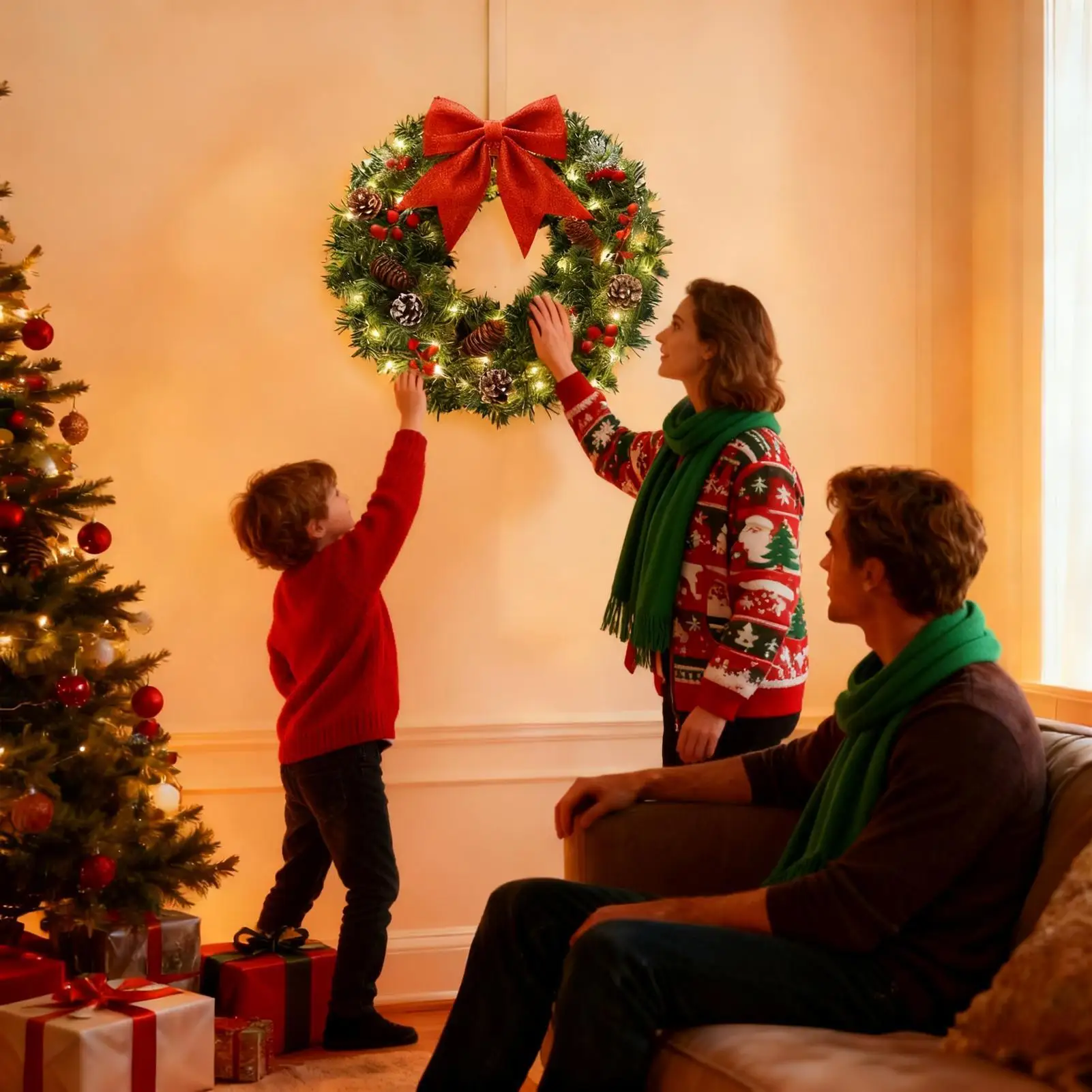 クリスマスリース-屋外用-ライト付き-赤いリボン-ホームデコレーション-クリスマス-冬のリース-赤い実とリボン付き-室内用