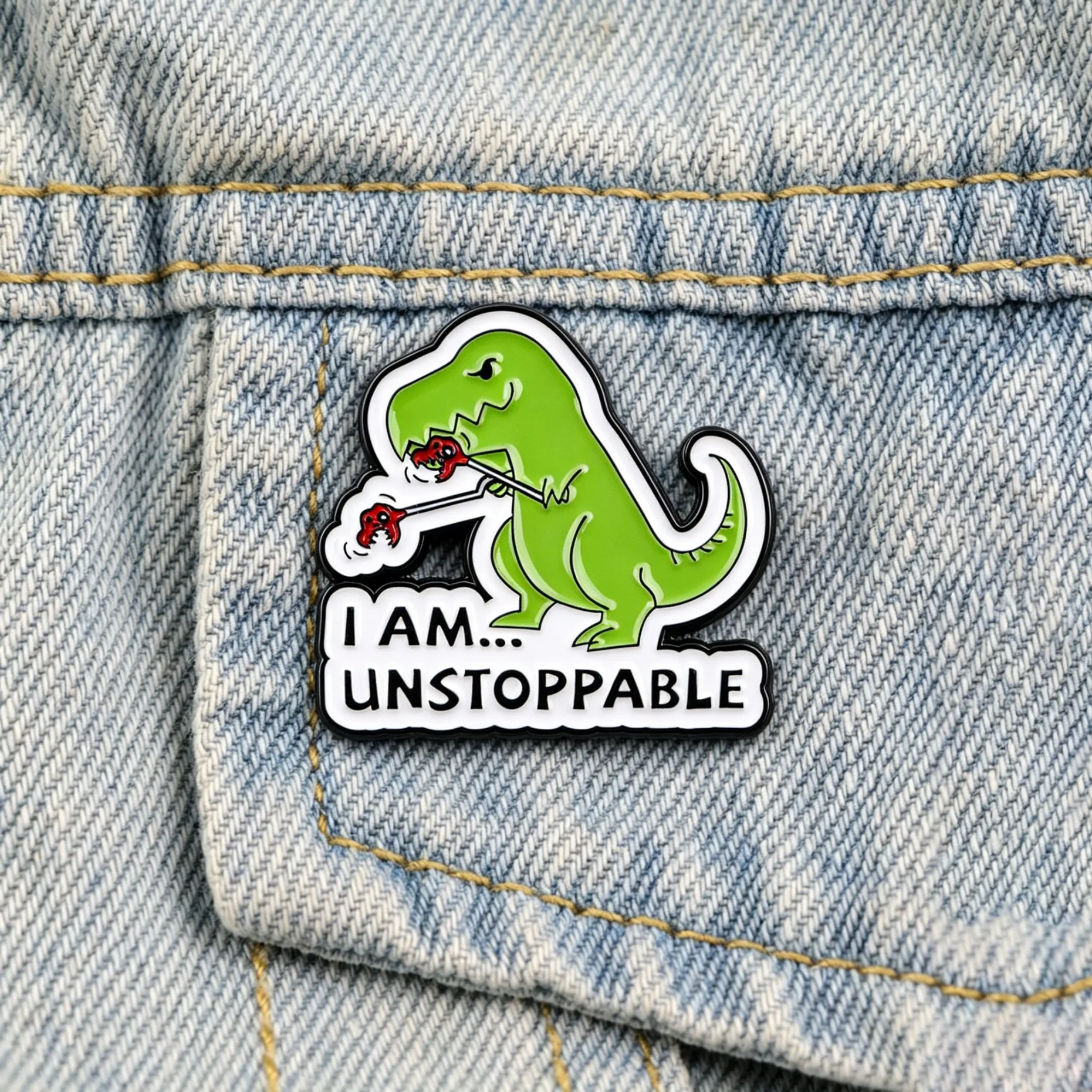 Sarcastic Dinosaur Enamel Pin "I Am Unstoppable" Quote Brooch Cute Green Lapel Pin Gift for Animal Lovers Clothing Decoration