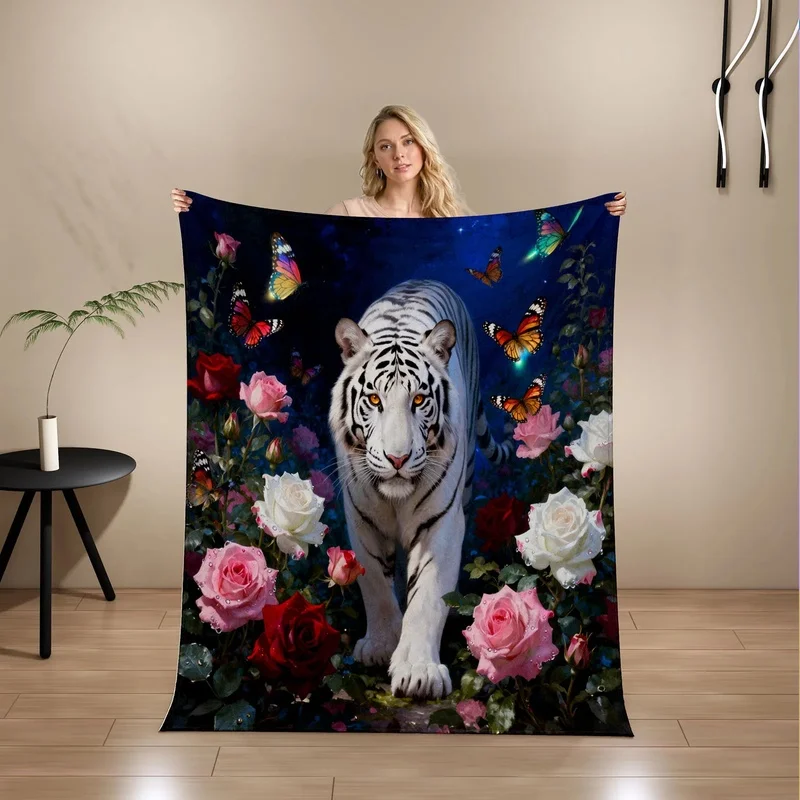 White Tiger Rose Print Flannel Throw Blanket Soft Warm Lightweight All Season Nap Blanket for Sofa Bedroom Home Decor