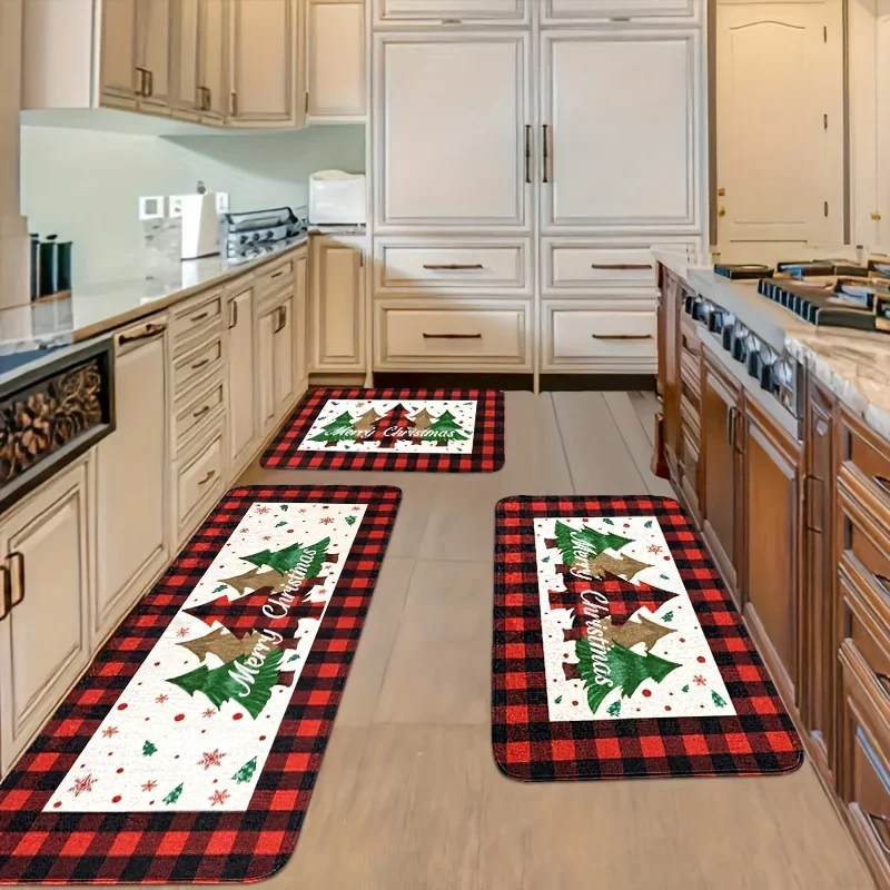 Christmas Red Plaid Green Welcome Door Mats Home Decor Kitchen Hallway Balcony Rugs Bathroom Non-slip Mat Christmas Decorations