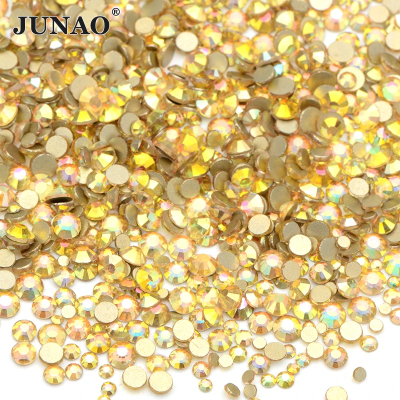 JUNAO 1440Pcs Gold Sunlight Mix Size SS3-SS12 Flatback Glass Rhinestones Non Hotfix Crystal Round Nail Art Strass For DIY Crafts