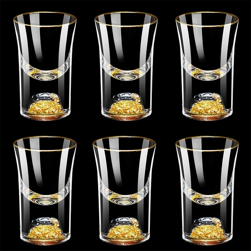 HeY LiLac 6Pcs Shot Glasses 15ML Gold Foil Color Spirits Cups Handmade Crystal 24K Gold Rimmed Shot Glasses Wine Baijiu Cup