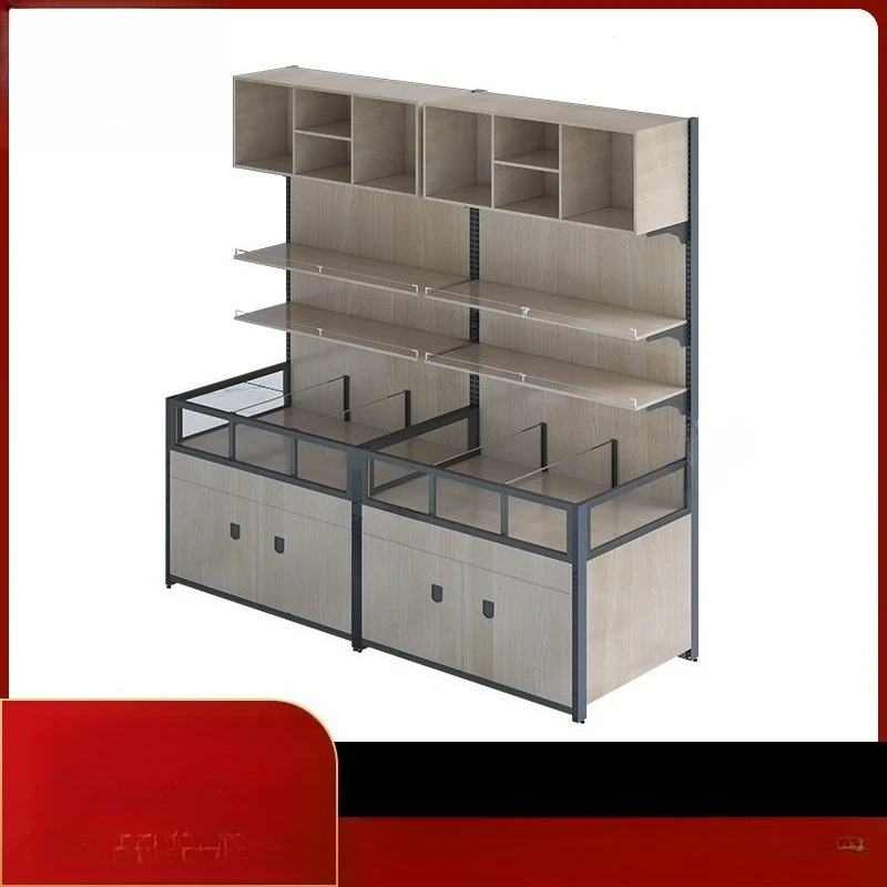 Fried goods display stand, grain and rice noodles, multi-layer steel and wood shelves, commercial
