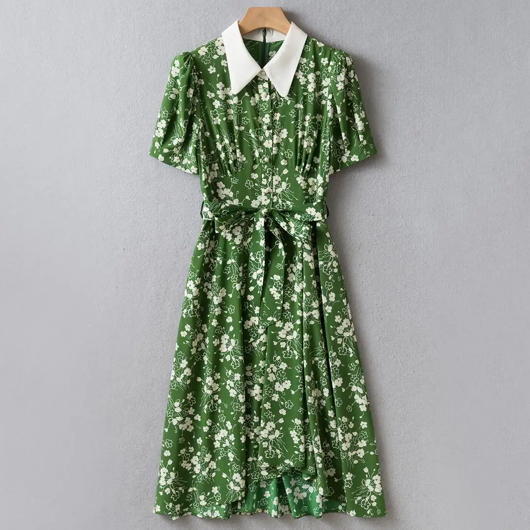 White Polo Collar Green Floral Printed Silk Midi Dress UK 6-UK 16