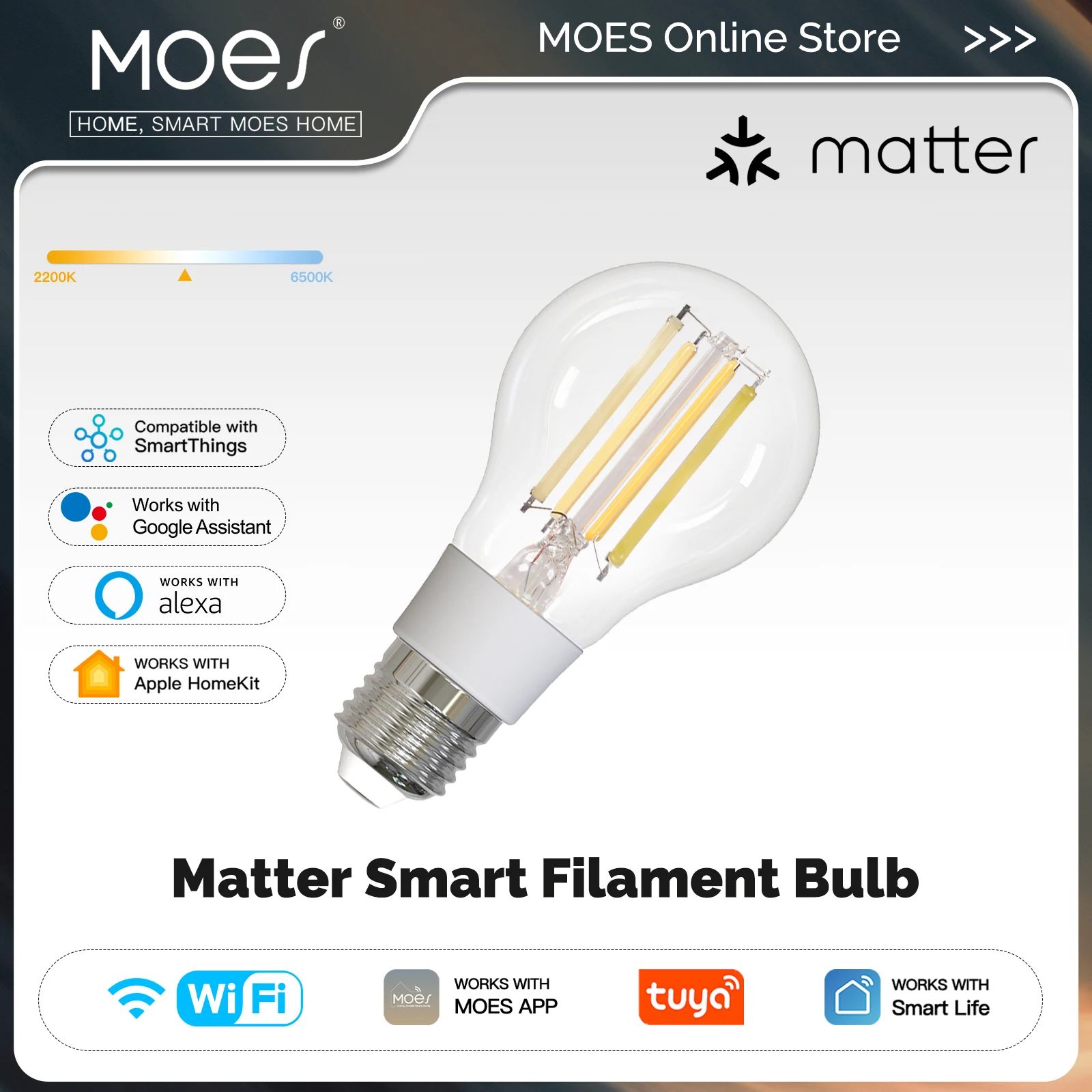 MOES TUYA Matter Smart Filament Bulb LED Light Lamp E27 Dimmable Lighting 2700K-6500K 806Lm 7W Alexa Google Home Voice Control