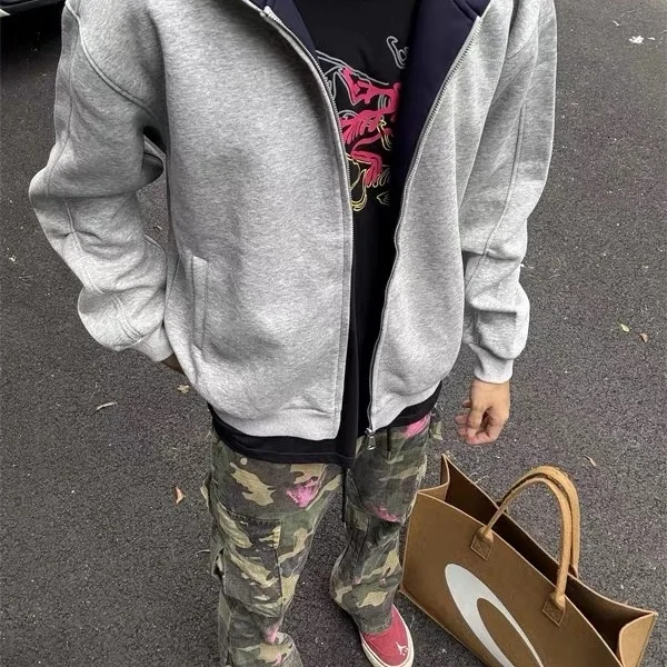 

American Retro Hoodie Jaet Men's Loose Casual Double Zipper Open Cardigan Spring Autumn Sle Youth Daily Wear Pure Color