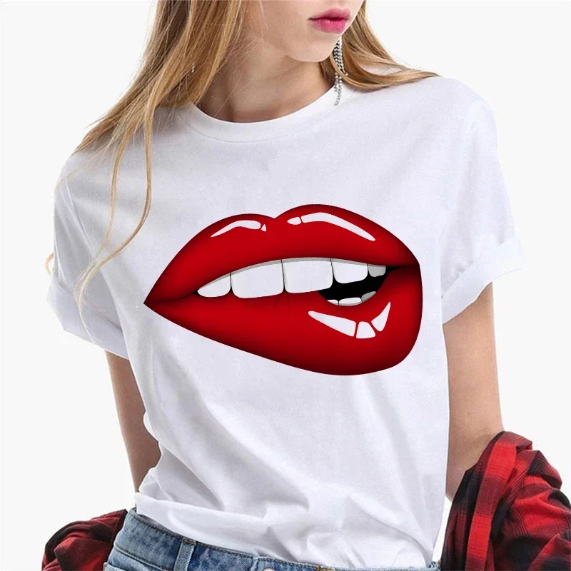 Women's Sexy Kiss Lip Graphic T-Shirt Funny Black Tee Short Sleeve Crewneck Soft Summer Top for Females