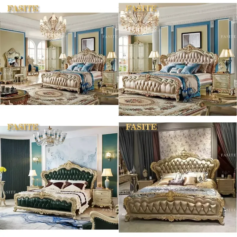 For Luxury European Style Bedroom Furniture Set Antique Gold Solid Wood Royal Design Hotel Home Decor High Quality