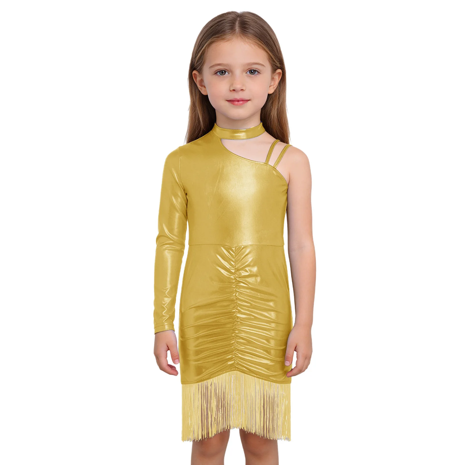 

Kids Girls Latin Cha-cha Dance Dress Metallic Asymmetrical Shoulder Tassels Ruched Dress for Tango Salsa Stage Shows Dancewear