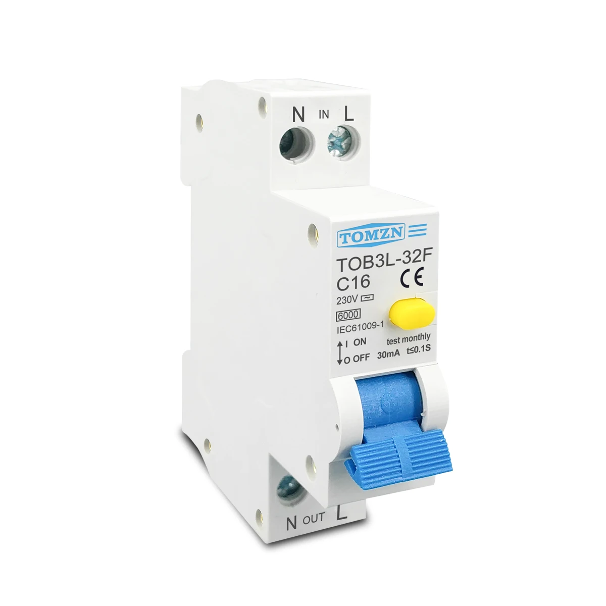 TOMZN RCBO 1P+N 6KA Residual current differential automatic Circuit breaker over current Leakage protection 18MM 230V 50/60Hz