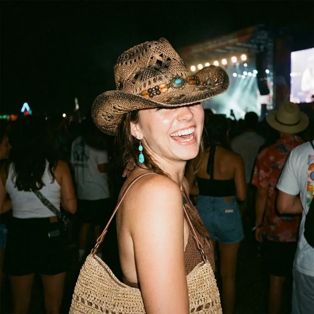 Classic Wide Brim Western Cowboy Hat Beads Ethnic Style Panama Cap Solid Color Hollow Out Summer Hat Travel