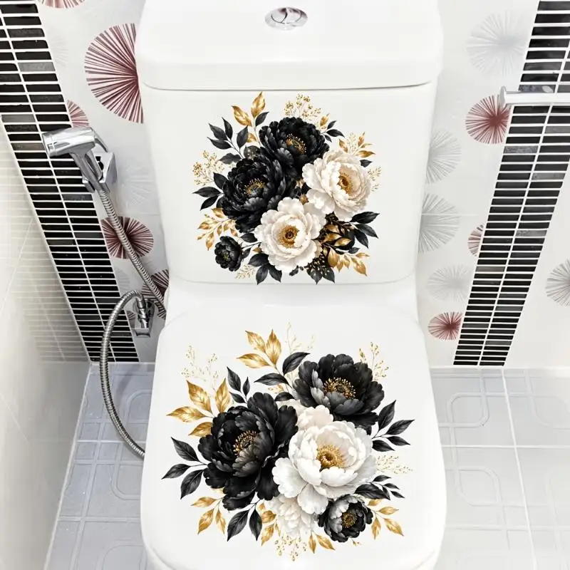 Waterproof Floral Toilet Decals Easy Clean Self Adhesive Fresh Floral Print Stickers for Home Bathroom Refresh Decor