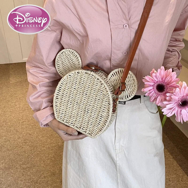 

Соломенная женская сумка из ротанга, маленькая круглая пляжная сумочка на плечо с изображением Микки Мауса, для отдыха и путешествий, дизайнерский чемоданчик Disney