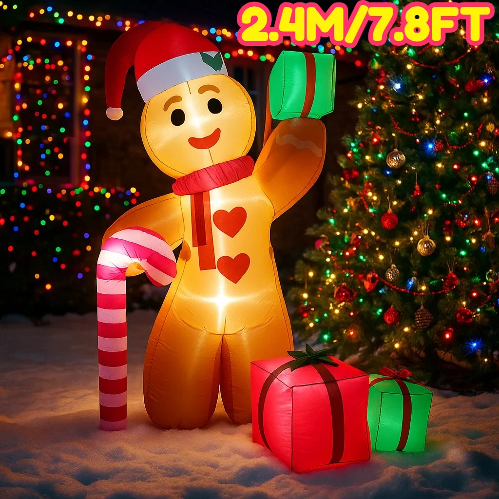 2.4M/7.8FT Inflatable Gingerbread Man Candy Cane with Gift Lights LED Home Decorations Toys Yard Xmas Holiday Decor Supplies