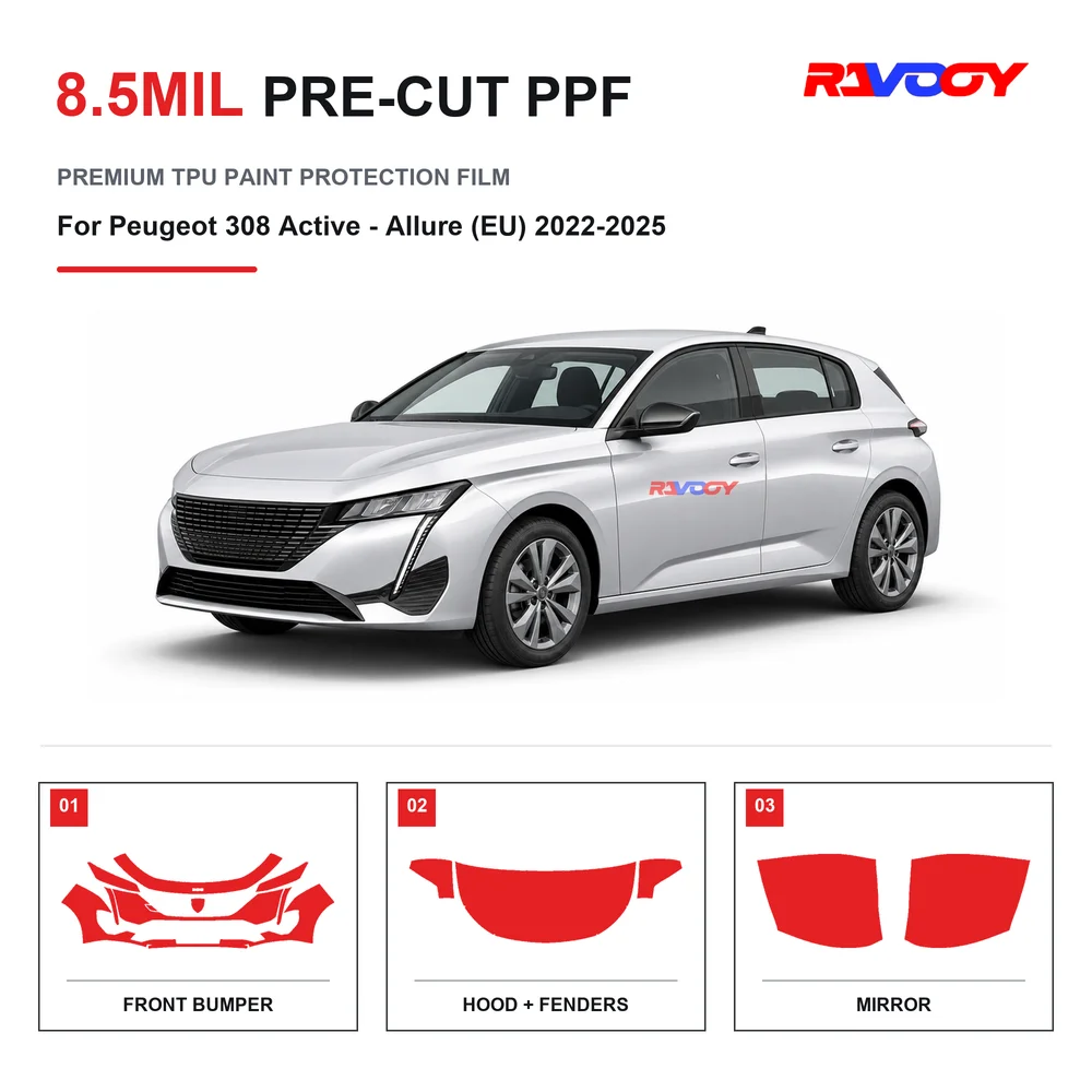 Precut PPF For Peugeot 308 Active - Allure (EU) 2022-2025 8.5mil TPU Clear Paint Protection Film Self Healing Hydrophobic UV