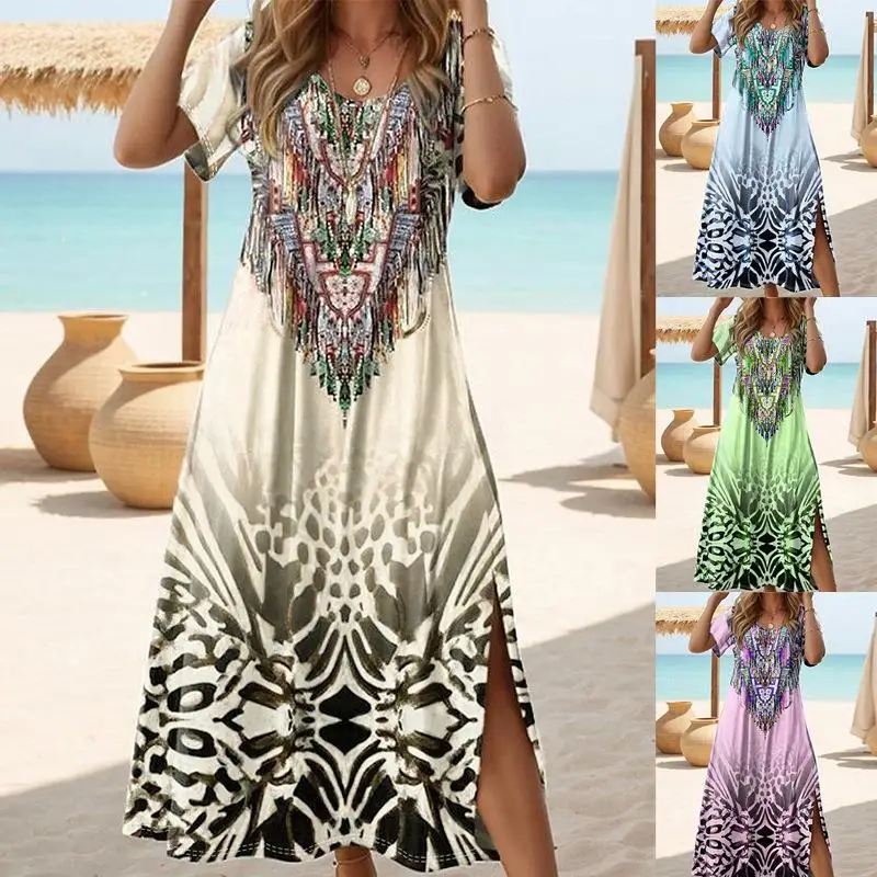 

Summer 2025 Printed Asymmetrical round Ne Long Dr Cross-BorderTEMUwi Ele Maxi Gown ort Sve Women's Faion