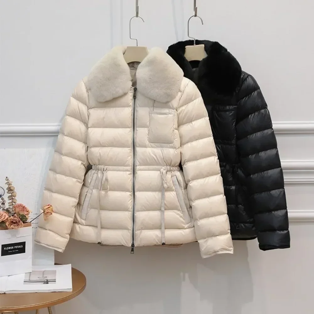 90% White Duck Down Jacket Luxury Sash Tie Up Slim Parkas Natural Real Rabbit Fur Coat Women New Ultra Light Winter Large Female