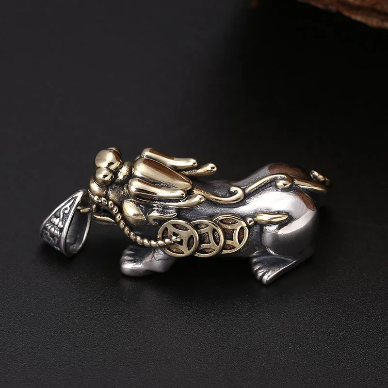 S925 Sterling Silver Pixiu Pendant Black Color Old Process Unisex Fine Jewelry FYNE427
