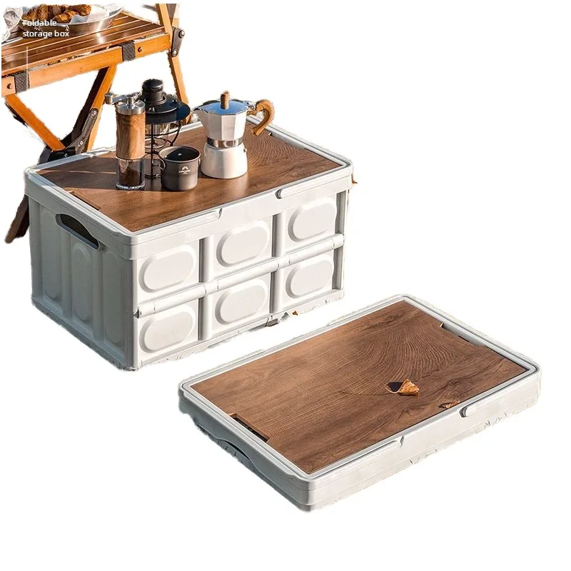 Large outdoor camping storage box, eco-friendly folding picnic storage box with wooden cover, for car luggage