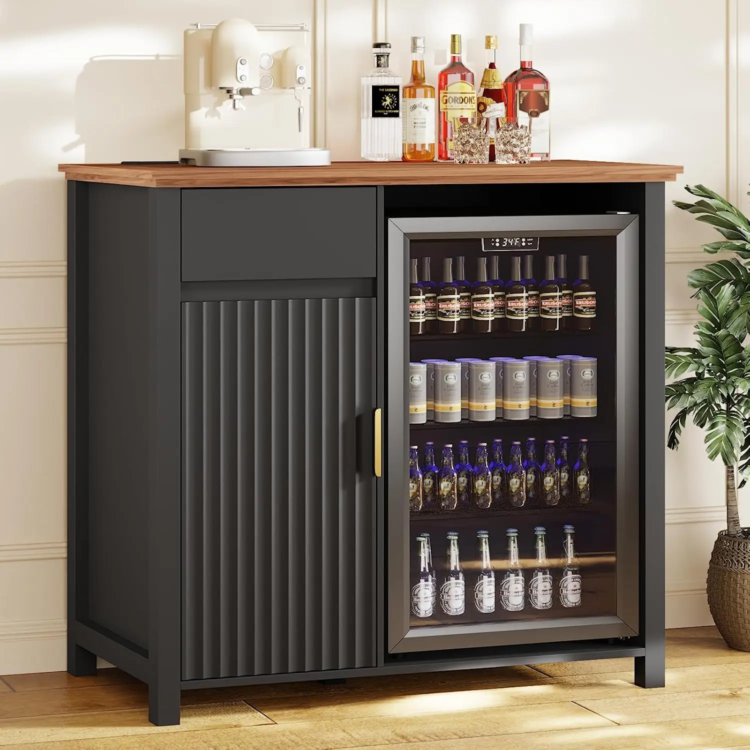 Mini Fridge Cabinet with Charging Station, Fluted Coffee Bar Beverage Wine Storage, Kitchen Dining Living Room, Customized
