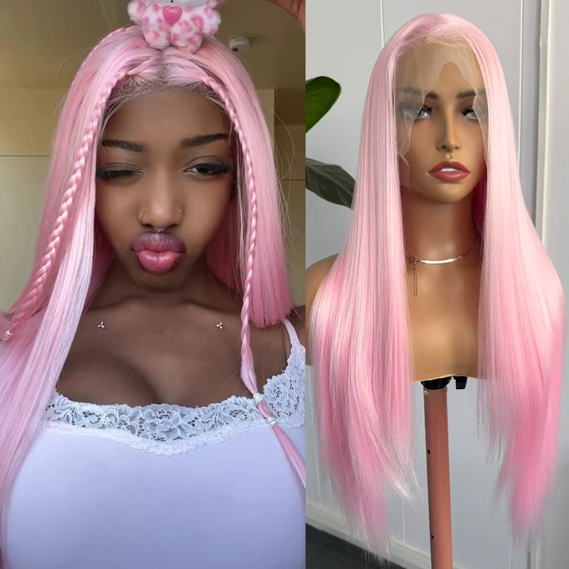 

AIMEYA Pink Long Silky Straight Wig Synthetic Hair 13x4 Glueless Lace Front Wigs Heat Resistant Wig Silky Straight Pink Hair
